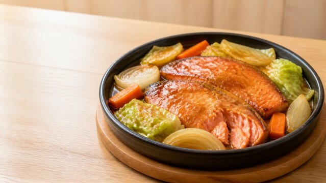 秋鮭のちゃんちゃん焼き 黒い丸鍋でキャベツと味噌だれを焼いた北海道料理