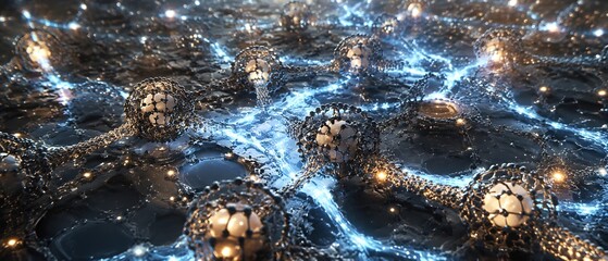 Obraz premium Nanotechnology Energy Network Connects Nanoscale Conductive Structures with Luminous Pathways for Advanced Power Research Applications