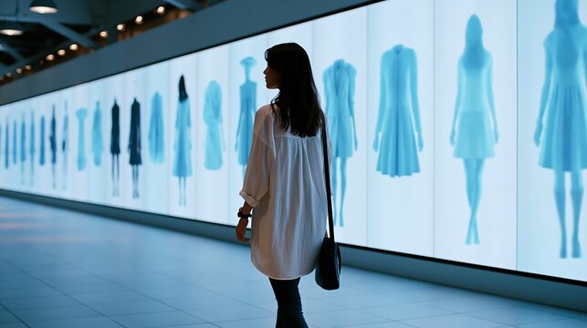 Shopper walking past interactive digital fashion wall in modern retail store