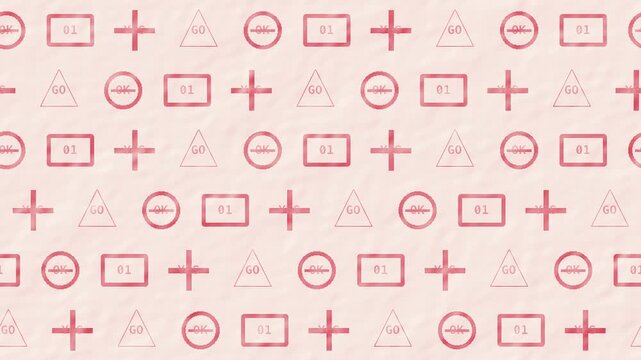Coral red rubber stamp symbol grid with rhythmic horizontal movement