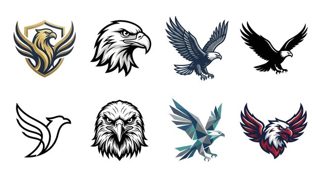 Set of eagle logo icons in various graphic styles isolated on white background