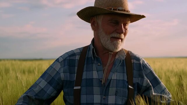 Older male farmer walks slowly through tall wheat or barley field while hands brush crop tops, creating gentle trails through green-gold stalks, facial expression calm and with subtle smile