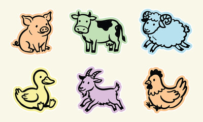 Obraz premium Cute colorful farm animal sticker set, featuring a pig, cow, sheep, duck, goat, and chicken.