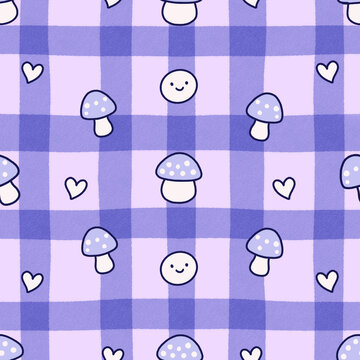 Purple mushrooms and happy smileys on plaid background pattern
