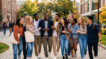 Fototapeta premium Diverse Group of Happy College Students Walking and Laughing on University Campus
