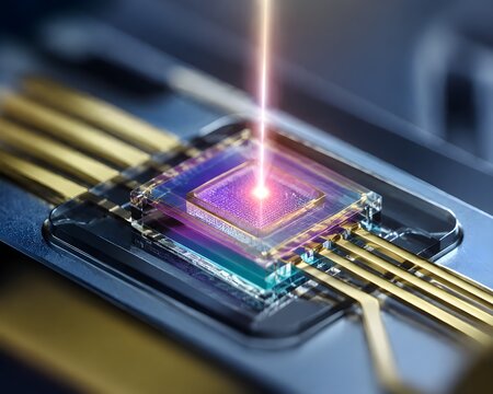 Nano Photodetector with Microscopic Light Sensitive Semiconductor Structure Capturing Focused Photons in Clean Technical Visualization