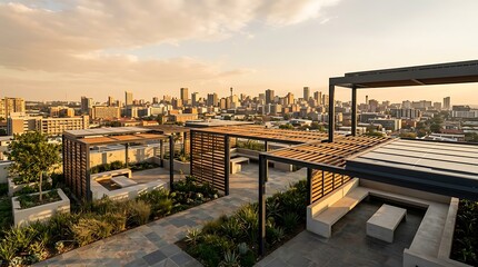 Obraz premium Rooftop terrace with modern wooden pergolas and concrete seating overlooks a dense city skyline at sunset.