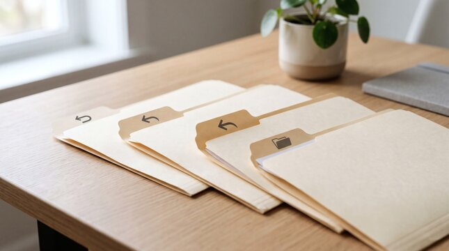 Organized manila file folders with icons for documents and arrows on a wooden desk with a plant and notebook