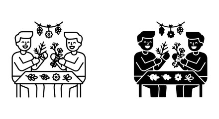 Obraz premium Crafting Together, Two People Making Decorations, Festive Garland Icons, Creative Hobby Vector Set