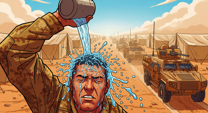 Soldier pouring water on head in a desert military base. Service member cooling down near armored vehicles in extreme heat. Hydration and safety concept for military health marketing campaigns.