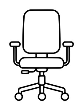 Minimalist black and white office chair vector icon featuring an ergonomic design with armrests, adjustable height lever, and swivel wheels for professional workspace and corporate office decor.