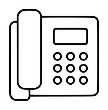 Minimalist office telephone vector icon featuring a classic landline desk phone design with a handset, keypad, and display screen, perfect for business communication and customer support illustration.