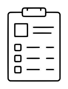 Minimalist black and white vector icon illustration of a clipboard order form with checkboxes and text fields, perfect for business documentation, survey applications, and office management tasks.