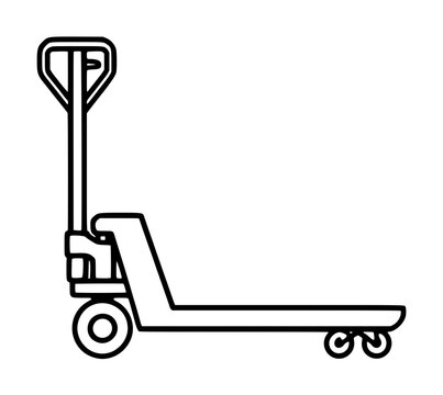 Professional pallet jack vector icon featuring a clean black outline design for warehouse logistics, industrial shipping, and material handling. This minimalist illustration is perfect for web.