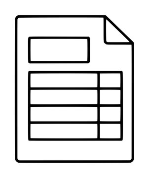 Professional minimalist black and white vector icon of a packing slip or invoice document featuring a folded corner, a header box, and a structured table with rows and columns for business data.