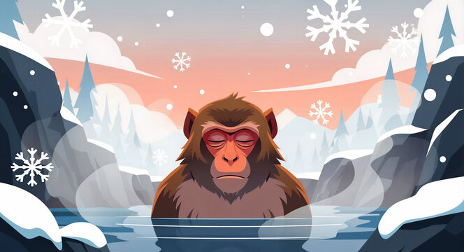 Japanese macaque monkey relaxing in a steaming hot spring during winter. Snow-capped mountains and pine trees surround the animal. Zen meditation and relaxation concept for wellness marketing.