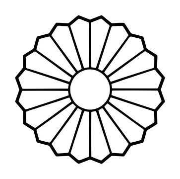 Minimalist black and white vector icon of a pleated paper medallion rosette with a circular center and radiating geometric folds, perfect for decorative craft projects or festive design elements.