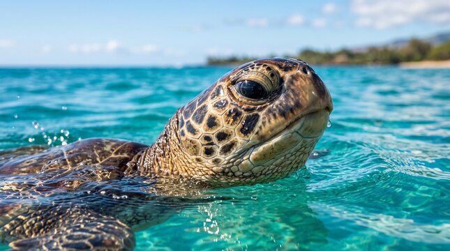 Green sea turtle swimming in clear turquoise water with sunlight reflecting off the surface and a blurred tropical coastline in the background