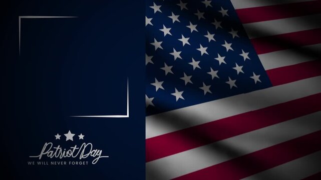 Patriot day text animation with dark blue background, white frame, stars, stripes, and united states flag. 4k animated typography suitable for patriotic events.