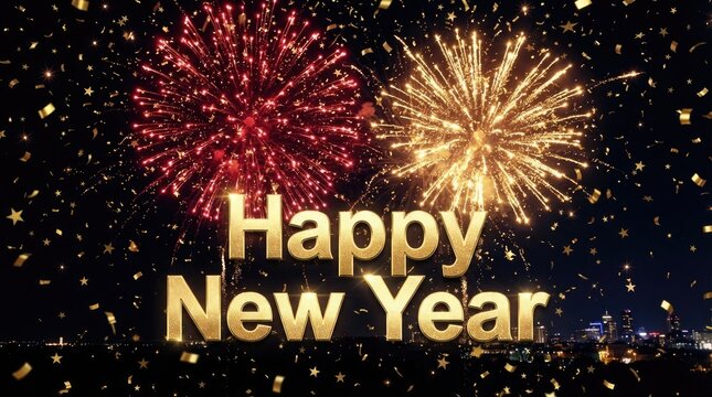 Happy new year celebration with fireworks and golden confetti