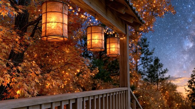 Cozy Autumn Evening on a Wooden Balcony with Lanterns and Twinkling Lights Under a Starry Sky