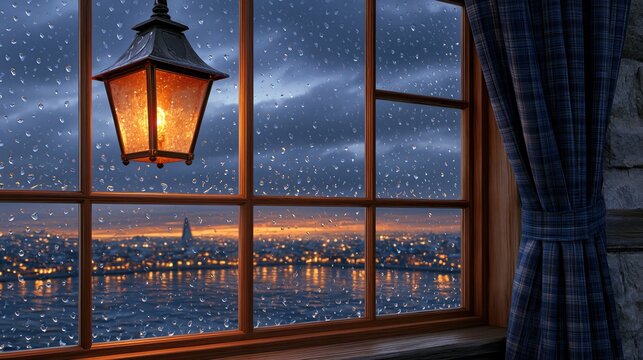 Cozy indoor view of a rainy evening city skyline through a window with a lantern