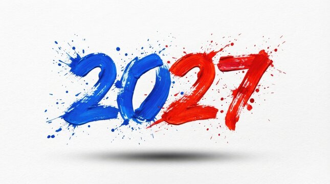 2027 year written with blue and red paint splashes isolated on white background
