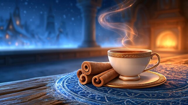 Cozy Winter Evening with Hot Cinnamon Tea and Snowfall