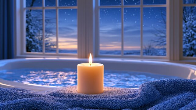 Cozy Winter Evening Bath with Candle and Snowfall View
