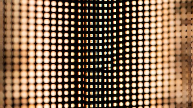 Extreme close-up of illuminated LED screen panel showing glowing pixel grid in warm white and pale amber tones with soft bokeh background