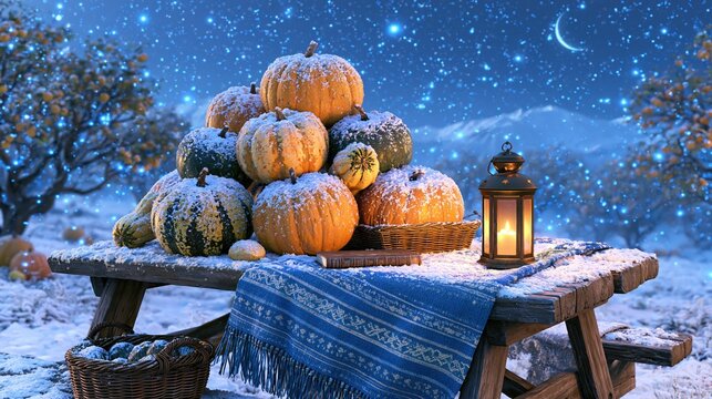 Cozy Winter Harvest Scene Pumpkins and Lantern on a Snowy Picnic Table Under a Starry Night Sky