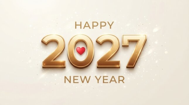 Happy new year 2027 greeting card with golden numbers and red heart