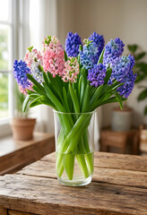 Naklejka premium Spring flower bouquet with colorful hyacinths in a glass vase, home decor and fresh floral arrangement