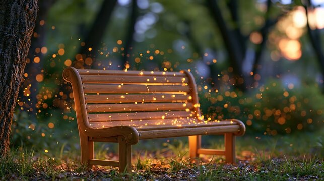 Empty wooden park bench illuminated by magical glowing particles at dusk