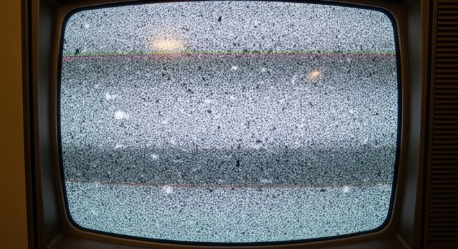 A close-up of a vintage television screen displaying static noise, also known as snow, from a lost signal.