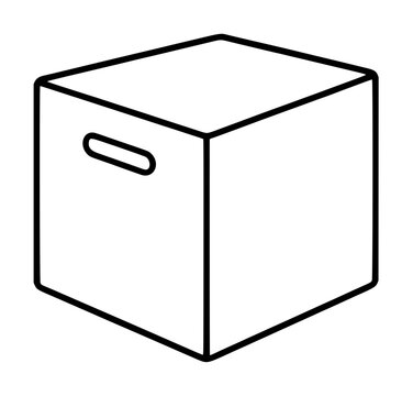 Minimalist vector icon illustration of a plyometric jump box for fitness training, featuring a clean black outline of a sturdy wooden cube with a handle cutout for gym workouts and exercise.