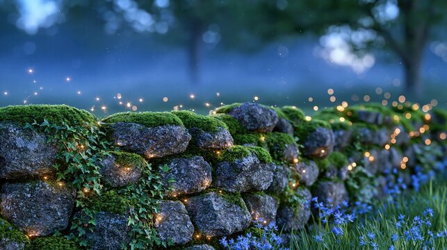 Enchanted stone wall covered in moss and ivy, illuminated by fairy lights at dusk with blue flowers