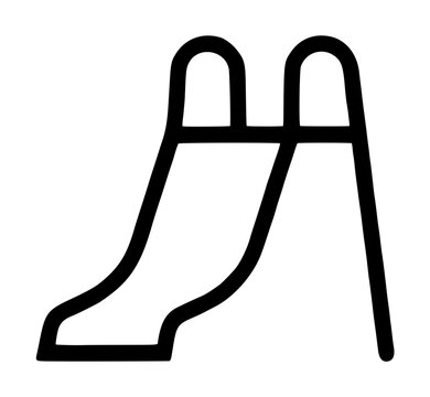 Playground slide vector icon for children's park design. Simple black line illustration of outdoor play equipment. Minimalist graphic for school, kindergarten, or recreational area projects.