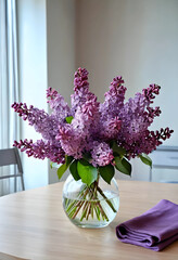 Obraz premium Spring floral arrangement with fresh purple lilac flowers in a glass vase on a wooden table, home decor and natural beauty