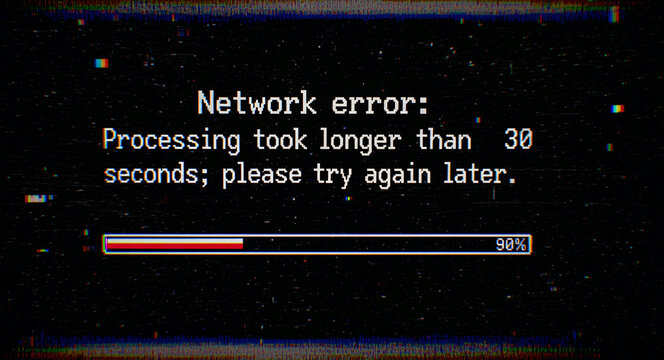 Network error message with glitch effect and loading bar. System failure warning on a distorted background. Tech breakdown concept for cyber security and software failure themes.