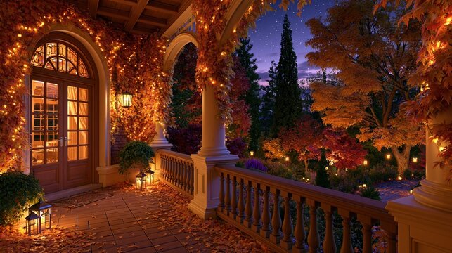 Enchanting Autumn Porch with Twinkling Lights and Fallen Leaves at Dusk