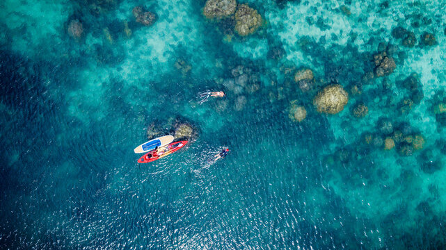 Top aerial view of Group of tourist are enjoy on water sport paddle sup-board with kayaking along at the edge of the sea beach under crystal clear of water in the island of summer trip