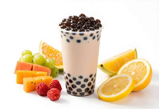 Bubble tea with fresh fruit, healthy beverage and refreshment concept, tapioca pearls in milk tea on white background
