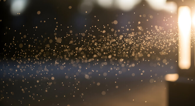 Golden dust particles and pollen floating in the air illuminated by warm light