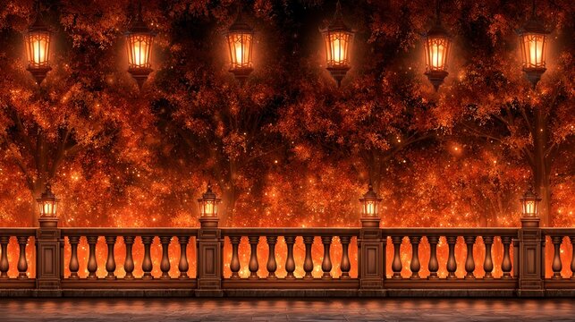 Enchanting Balcony with Glowing Lanterns Amidst Autumn Forest and Sparkles