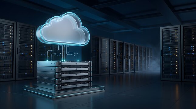 Glowing digital cloud computing icon floating over server racks in dark modern data center room