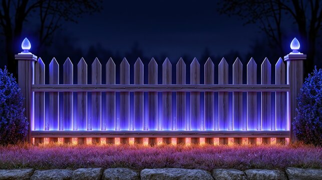 Enchanting backyard fence at night with vibrant blue and orange LED lights, creating a magical atmosphere.