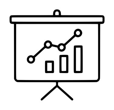 Professional presentation board vector icon featuring a detailed bar chart and an upward-trending line graph on a tripod stand, perfect for business analytics, financial reports, and education.