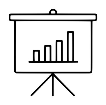 Minimalist vector icon of a presentation board on a tripod featuring a rising bar chart graph. This clean line art illustration represents business growth, data analysis, and professional success.