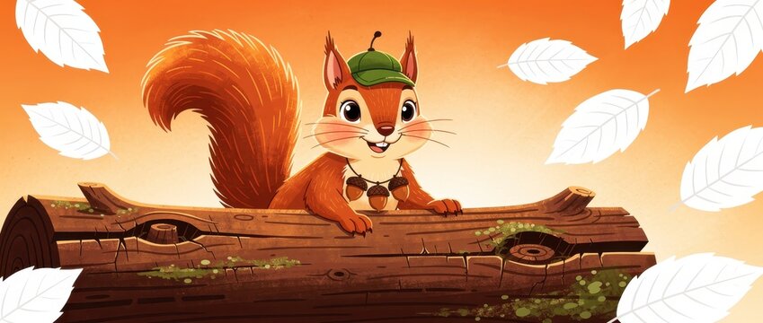 Cute cartoon squirrel wearing a green hat and acorn necklace peeking over a log. Playful forest animal illustration with white leaves on orange. Whimsical character design for children's media.